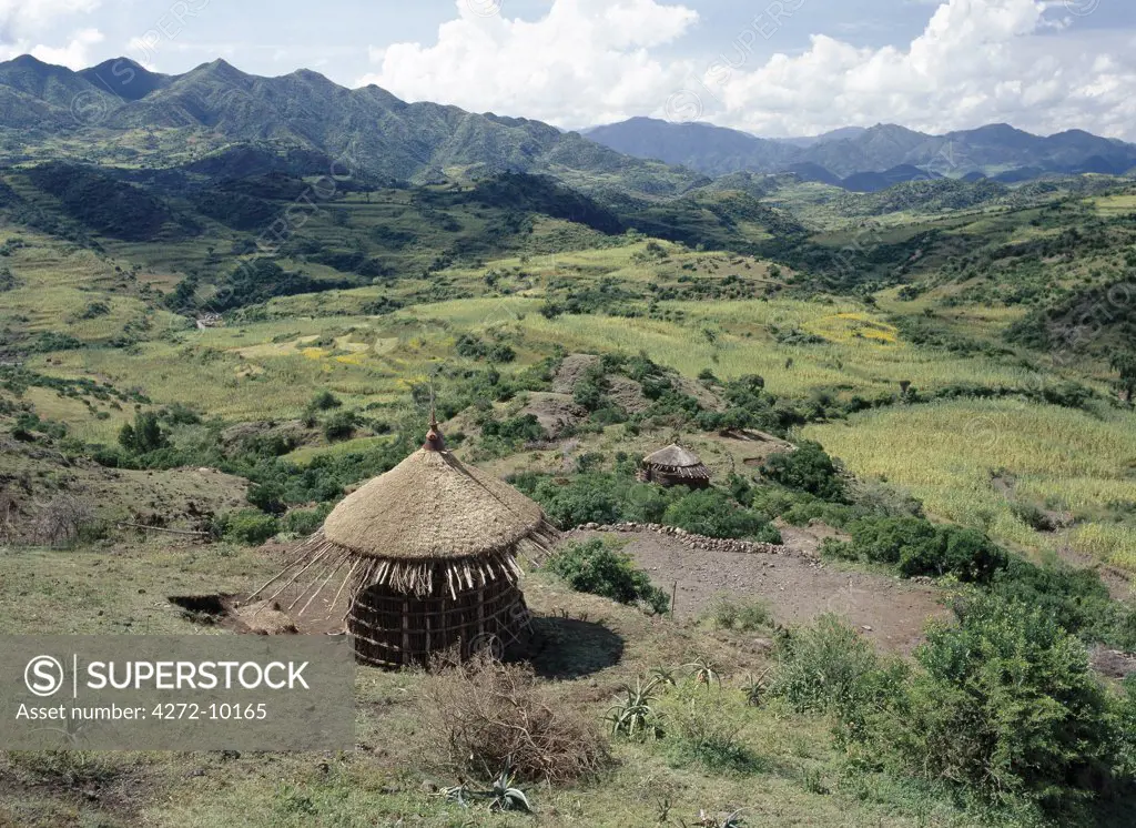 Scenery between Desse and Bati in the Welo Province of northern Ethiopia with an unfinished thatched house in the foreground. Upturned clay pots are often placed over the protruding centre poles of houses to prevent rain getting in.