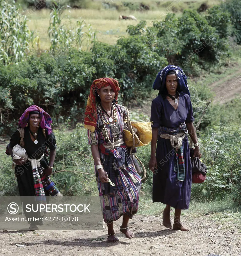 Three women walk to Senbete market, which is an important weekly market close to the western scarp of the Abyssinian Rift.Agriculture forms the background of the countrys economy with 90 percent of its population earning a living from the land.T