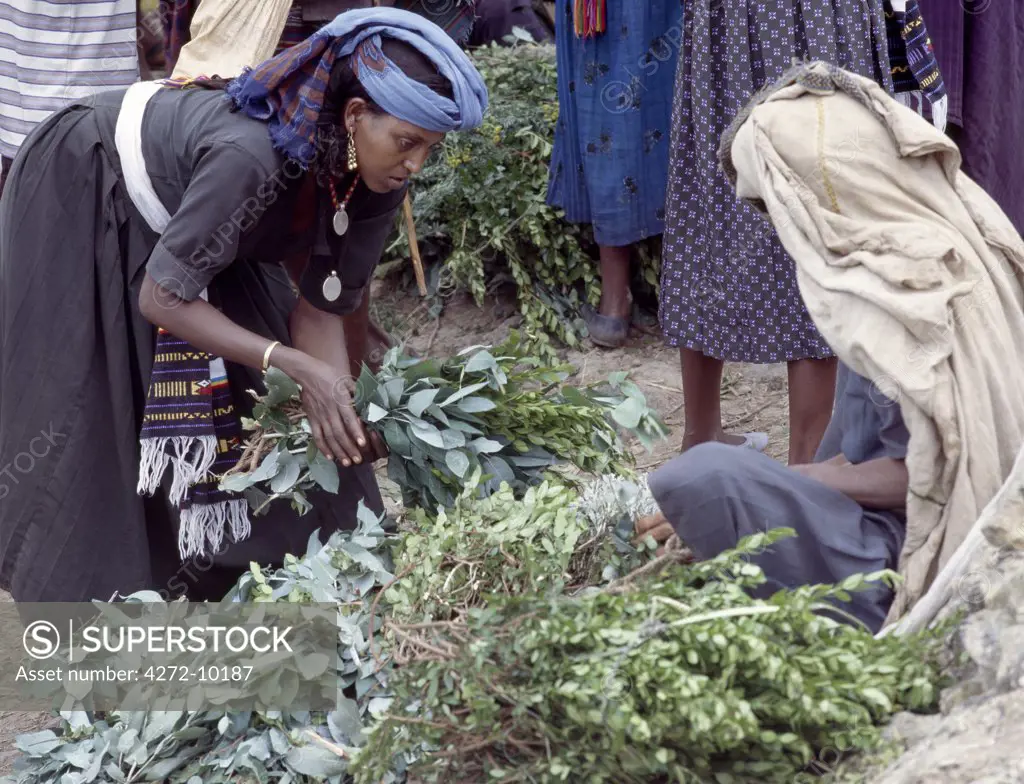 A woman at Senbete market buys eucalyptus leaves. Her two pendants are made from Maria Theresa thalers  old silver coins minted in Austria, which were widely used as currency in northern Ethiopia and Arabia until the end of World War II.