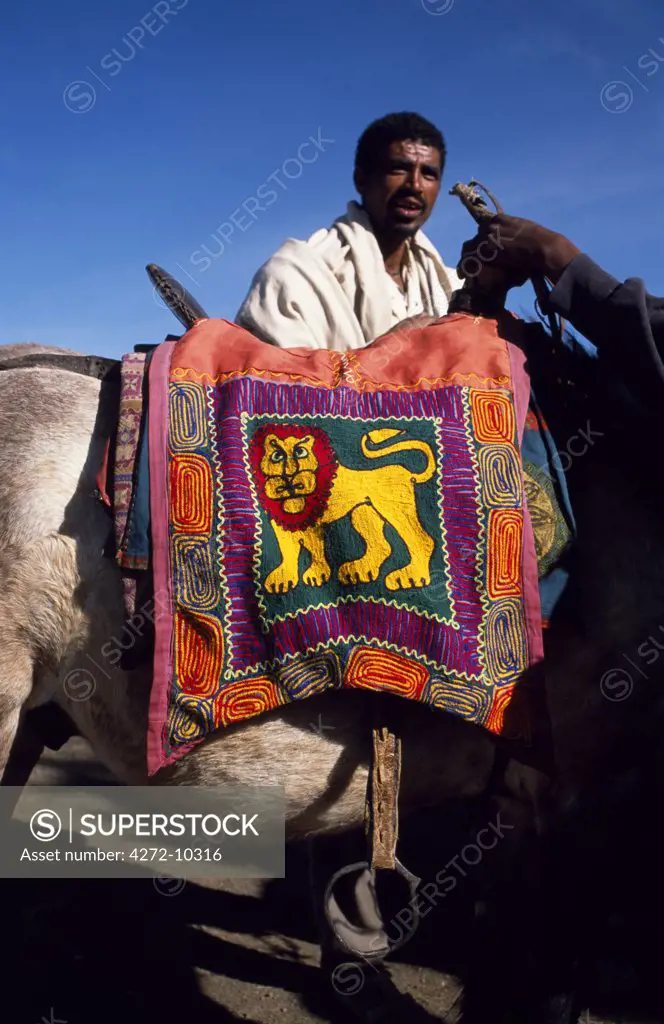 The 'Lion of Judah' motif, here decorating a saddle cloth, is a common one.  Emperor Haile Selaisse, who kept many lions, made them a kind of national emblem.