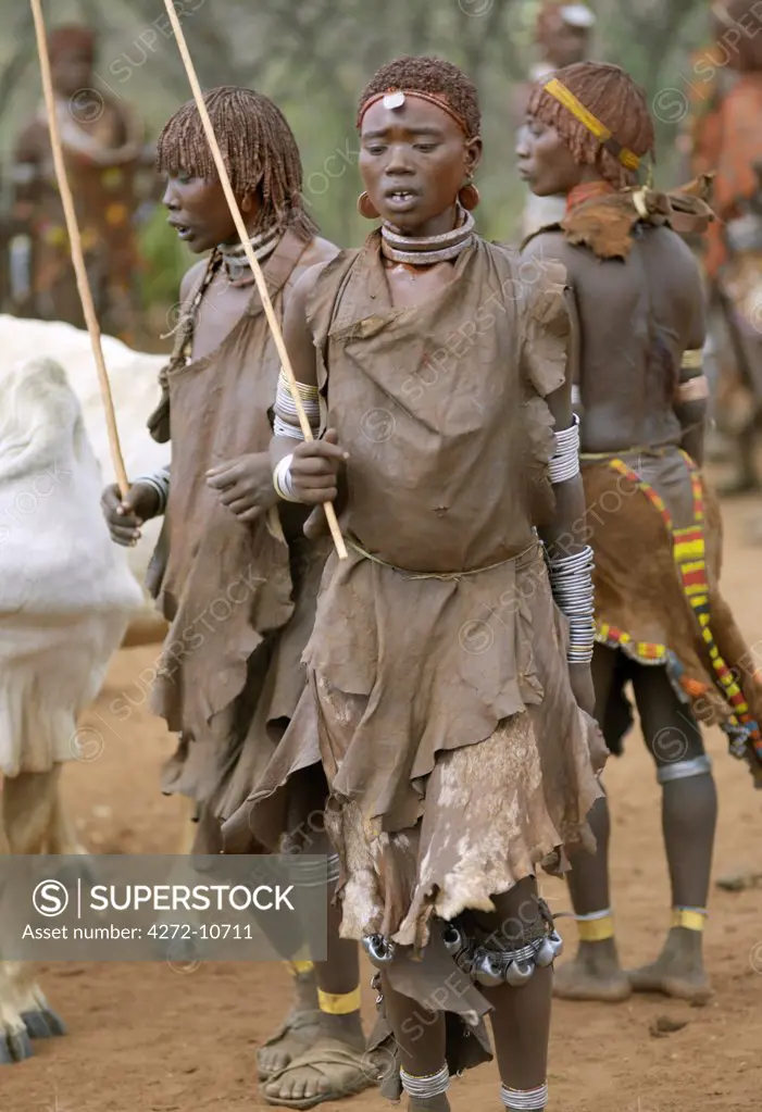 Hamar women dance at a Jumping of the Bull ceremony. The Hamar are semi nomadic pastoralists of Southwest Ethiopia whose women wear striking traditional dress and style their red ochred hair mop fashion.