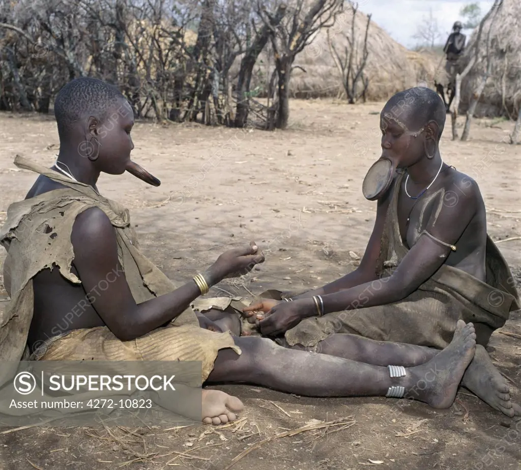 Two Mursi women wearing large clay lip plates exchange a small ornament.  Shortly before marriage, a girls lower lip will be pierced and progressively stretched over a year or so while some of her teeth will be removed for the plate to fit snugly.  The size of the lip plate often determines the quantum of the bride price.