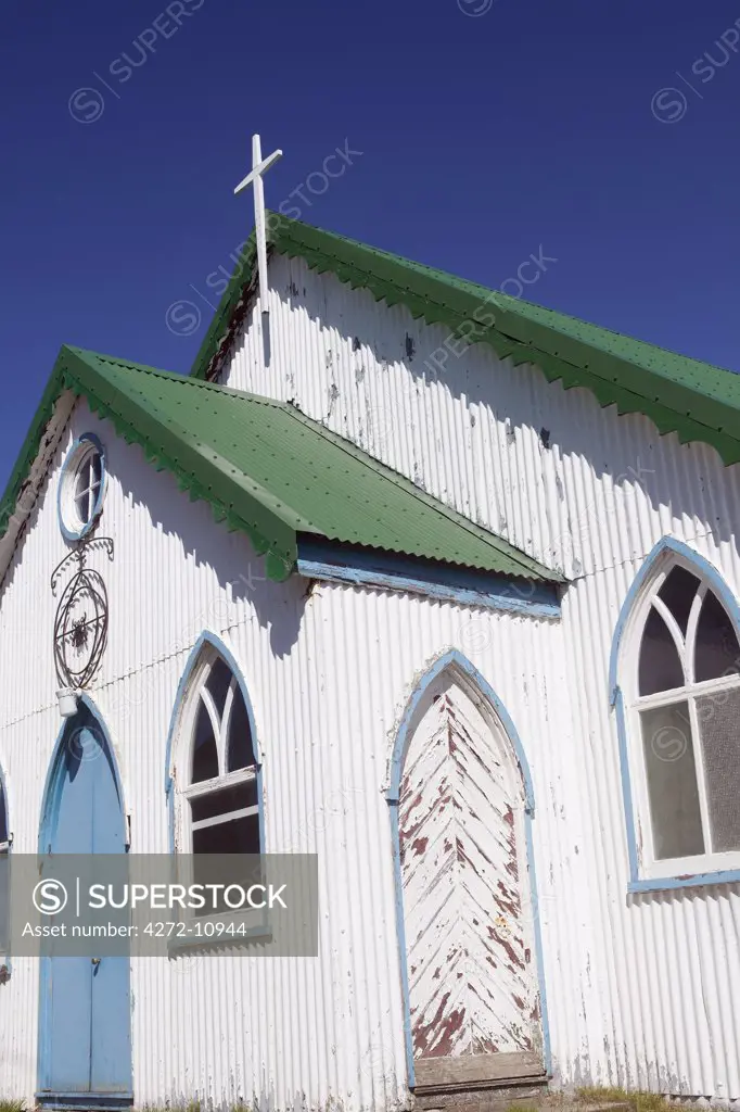 Falkland Islands, Port Stanley. A traditional corrugated iron chapel in the back streets of Port Stanley.