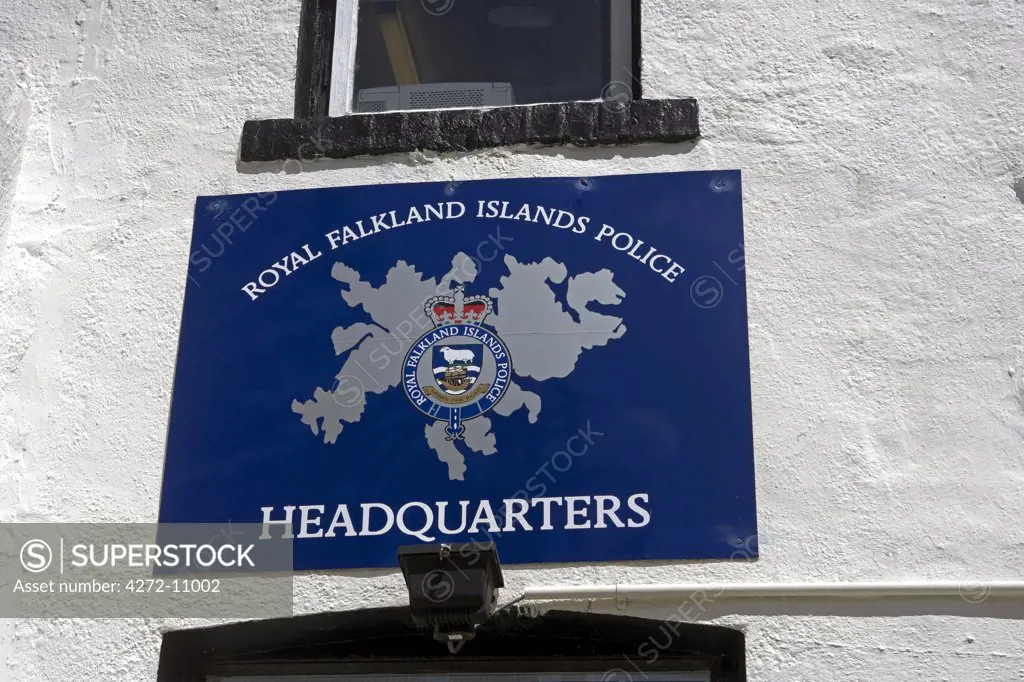 Coat of arms of the Royal Falkland Islands over the Police Headquarters on Ross Road in Port Stanley.