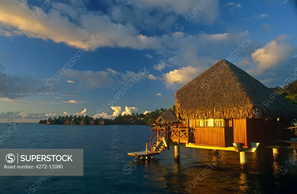 French Polynesia, Society Islands, Leeward Islands, Tahiti, Pape'ete. An over-water cottage at the Intercontinental Hotel.
