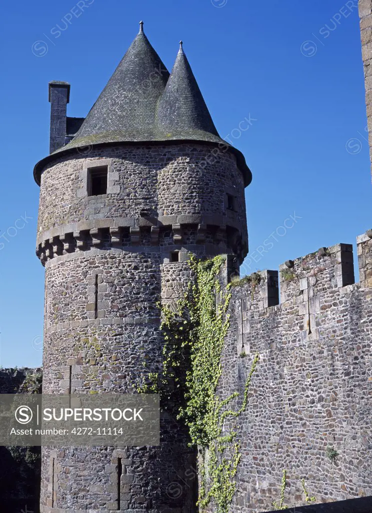 France, Ille-et-Vilaine, Fougeres. The Tower at Fougeres is situated on the banks of the River Nancon, on a rocky outcrop. Many of France's finest writers were inspired by the town, which include Chateaubriand, Balzac, and Victor Hugo.