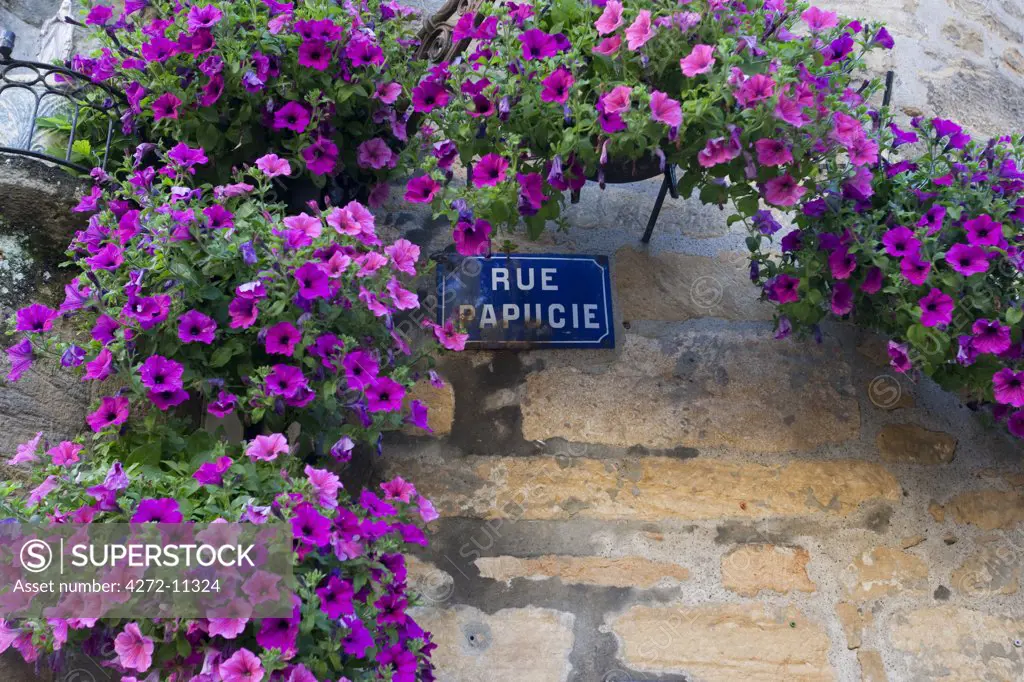 A street sign in Sarlat France, covered in flowers