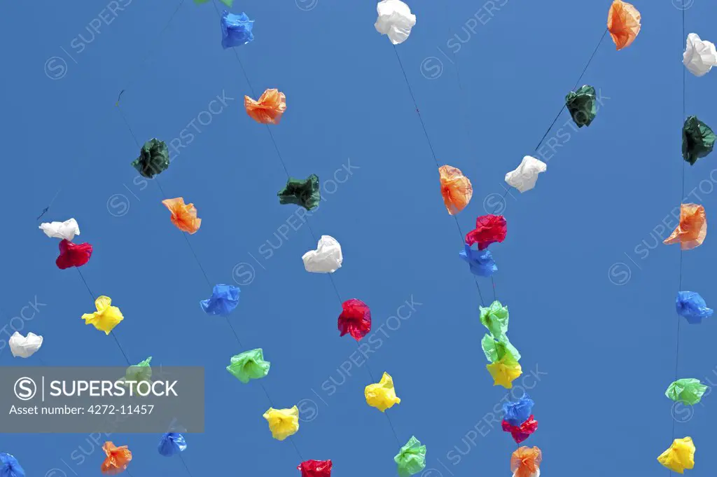 Europe, France, Dordogne, Montignac. Plastic flowers at the celebrations to remember Occitania, it's customs and language in the market town of Montignac on the V_z_re.
