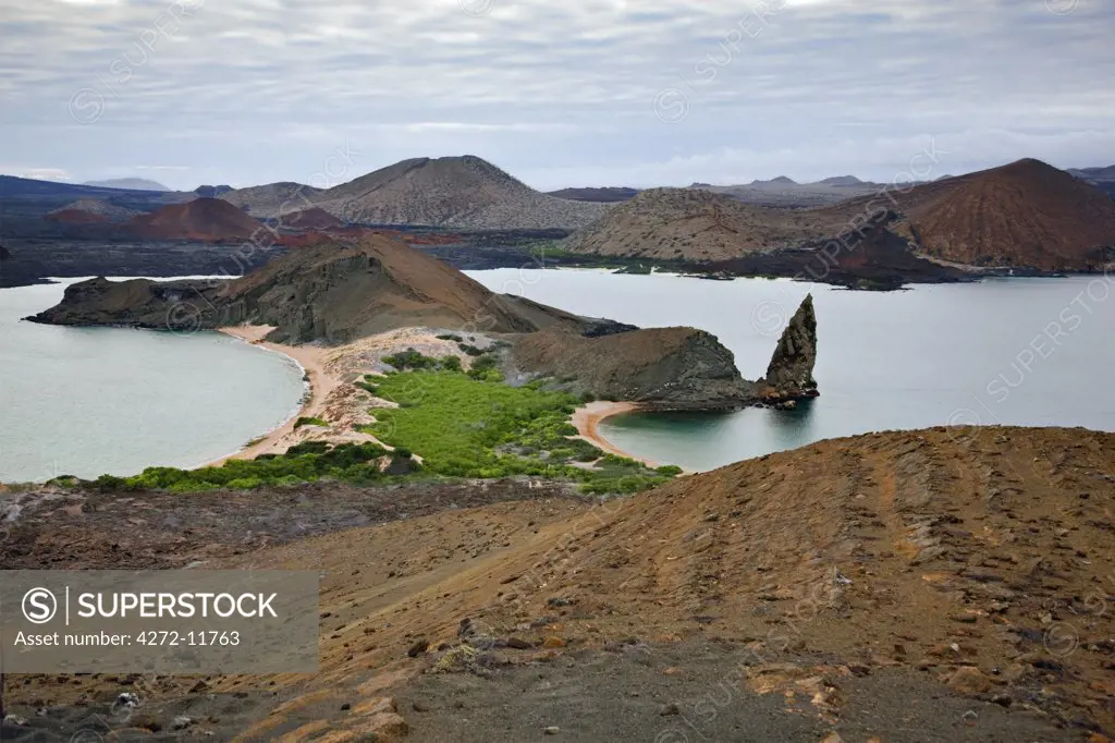 Galapagos Islands, A view from the top of Bartolome Island looking across to Santiago Island.