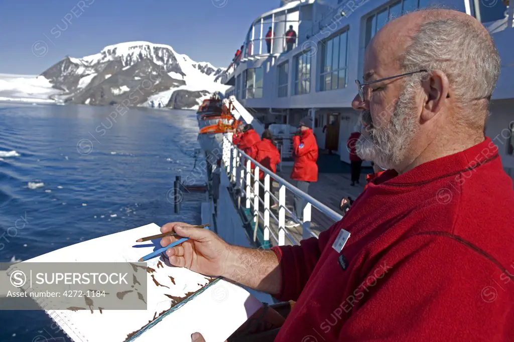 Antarctica, Antarctic Peninsula, Antarctic Sound.  Entering the bay in which the ex-British station and the permanently manned now Argentinian base of Hope Bay exists. Australian artist Noel Miller captures the scene.