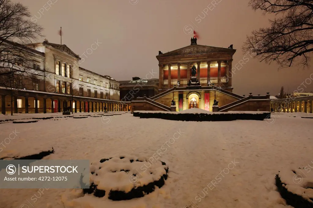 The Old National Gallery on the Museums Island in Berlin, Germany. To the left the renovated New Museum by David Chipperfield Architects.