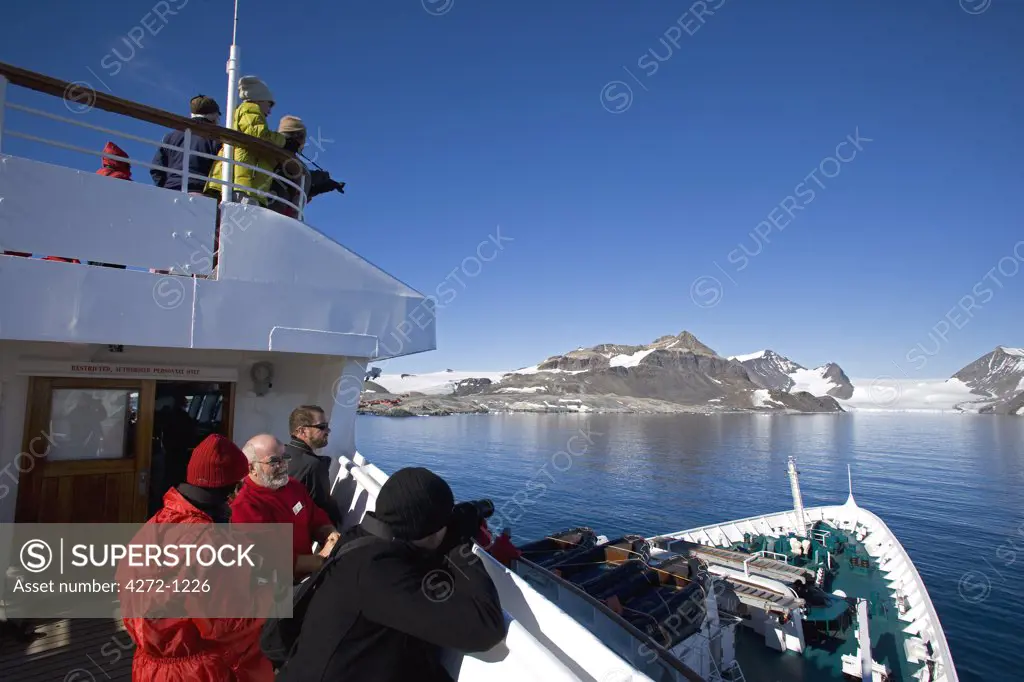 Antarctica, Antarctic Peninsula, Antarctic Sound. Entering the bay in which the ex-British station and the permanently manned now Argentinian base of Hope Bay sit with its glacial snout in the background.