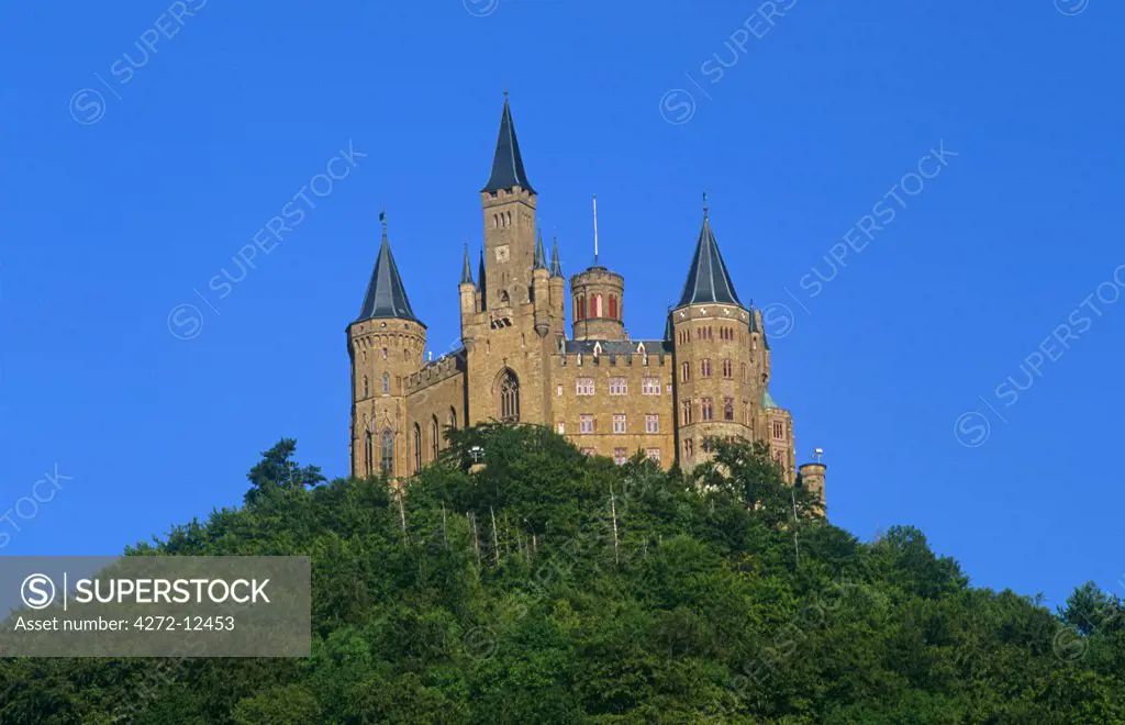 Germany, Baden-Wurttemberg, Swabia, Hechingen. Situated in the foothills of the Swabian Alps, Hohenzollern Castle was the medieval ancestral seat of the Hohenzollerns who became Germany's emperors. The existing castle was built in the mid-1800s for Frederick William IV of Prussia.