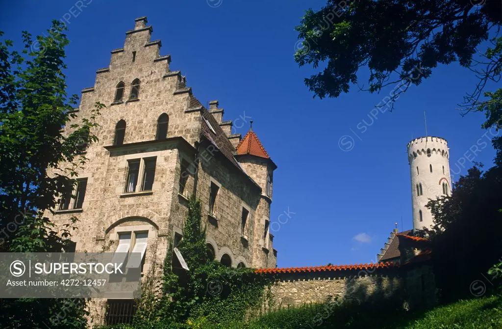 Germany, Baden-Wurttemberg, Swabia, Lichtenstein. Built in the 1840s by Count Willhelm, 1st Duke of Urach, Lichtenstein Castle's neo-gothic design was never intended as a serious fortification but rather a romantic folly.