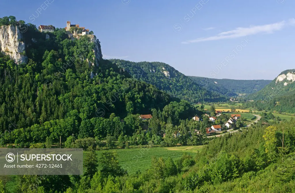 Germany, Baden-Wurttemberg, Swabia, Danube Valley. Numerous castles and semi-fortified mansions like this one at Werenroag near Beuron dot the cliffs of the picturesque Danube Valley in southern Germany.