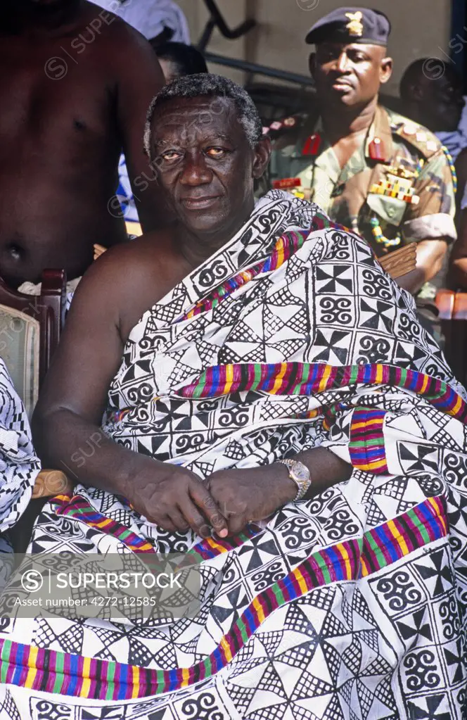 Ghana, Ashanti region, Kumasi. President Kuffour in traditional adinkra robes at the Manhyia palace of the Ashanti King.