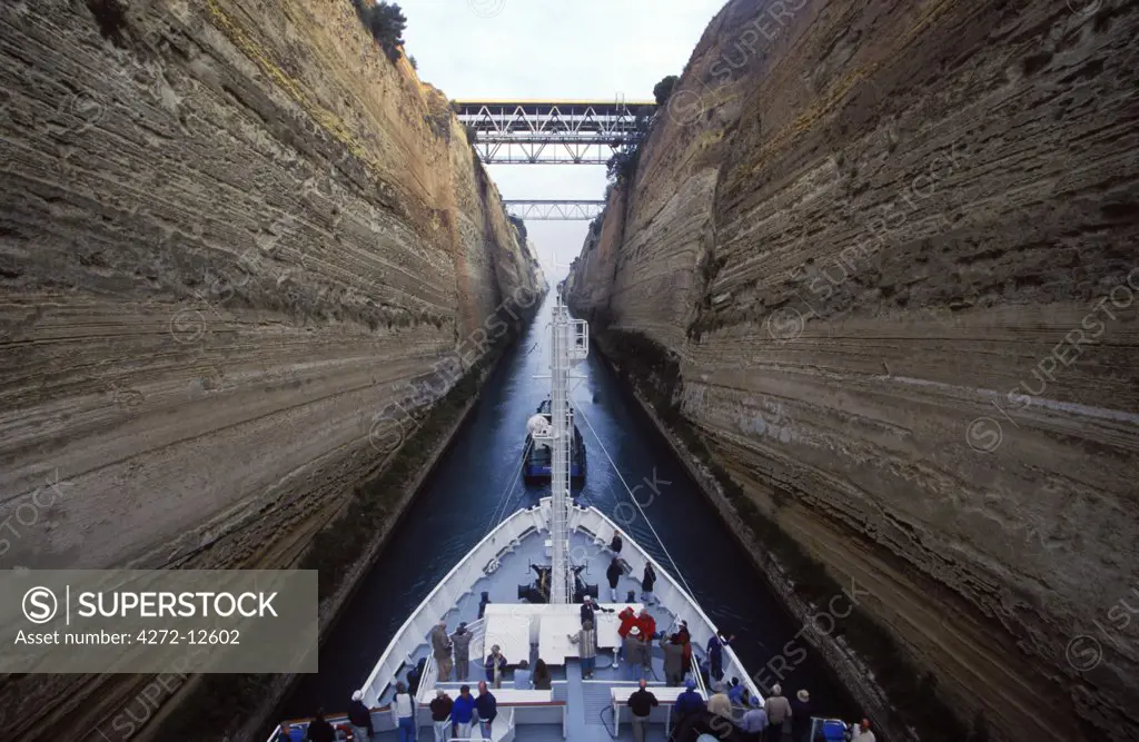 Ship passing through the Corinth Canal completed in 1893