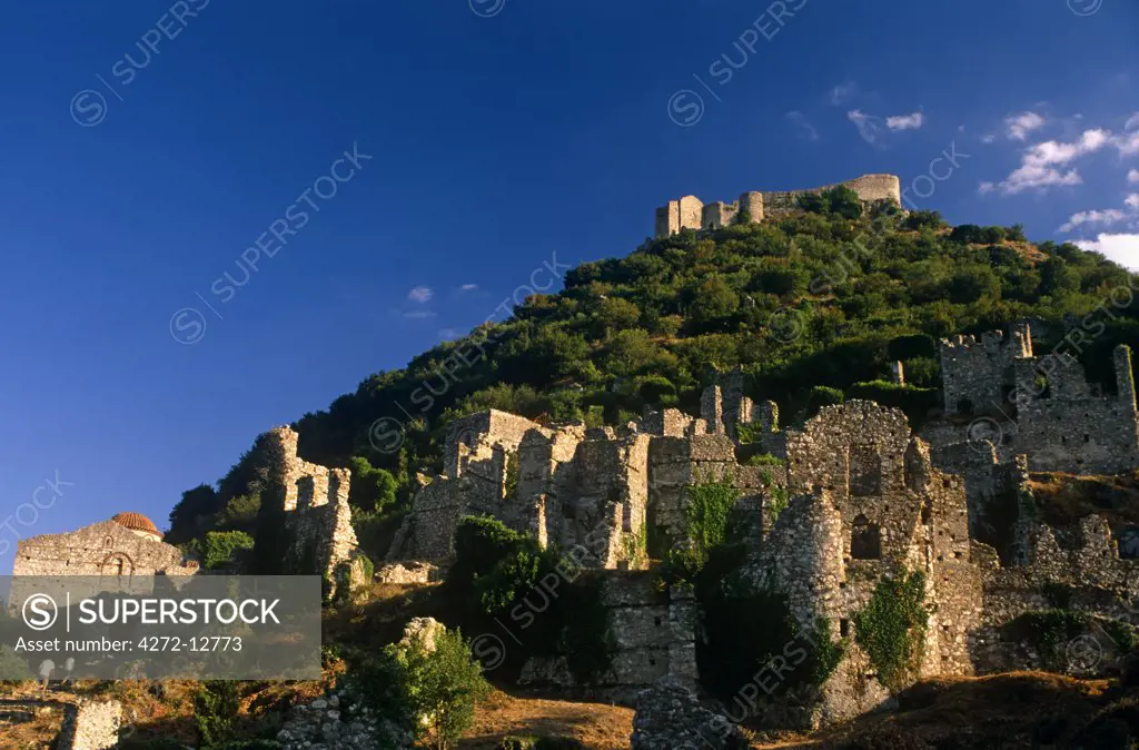 Greece, Peloponnese, Laconia, Mystras (aka Mystra). One-time capital of the Despotate of Morea, a province of the Byzantine empire, citadel-topped Mystras remains one of Greece's most evocative ruined cities.