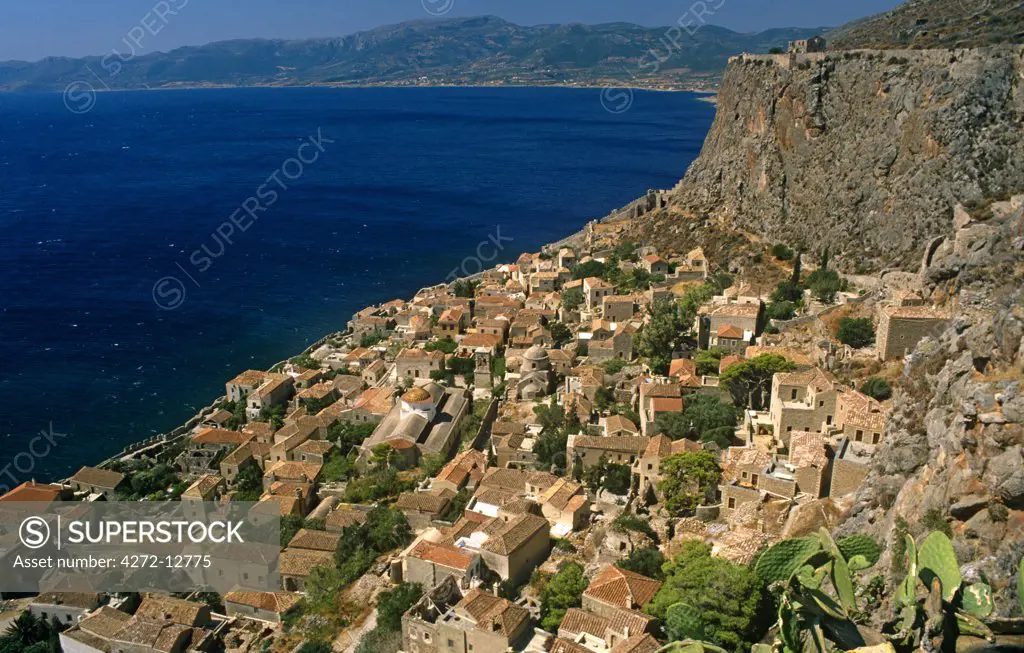 Greece, Peloponnese, Laconia, Monemvasia. Spectacular views of the Lower Town are had from the Upper Town of Monemvasia, an ancient coastal fortress city once ruled by the Byzantine and Venetian empires.