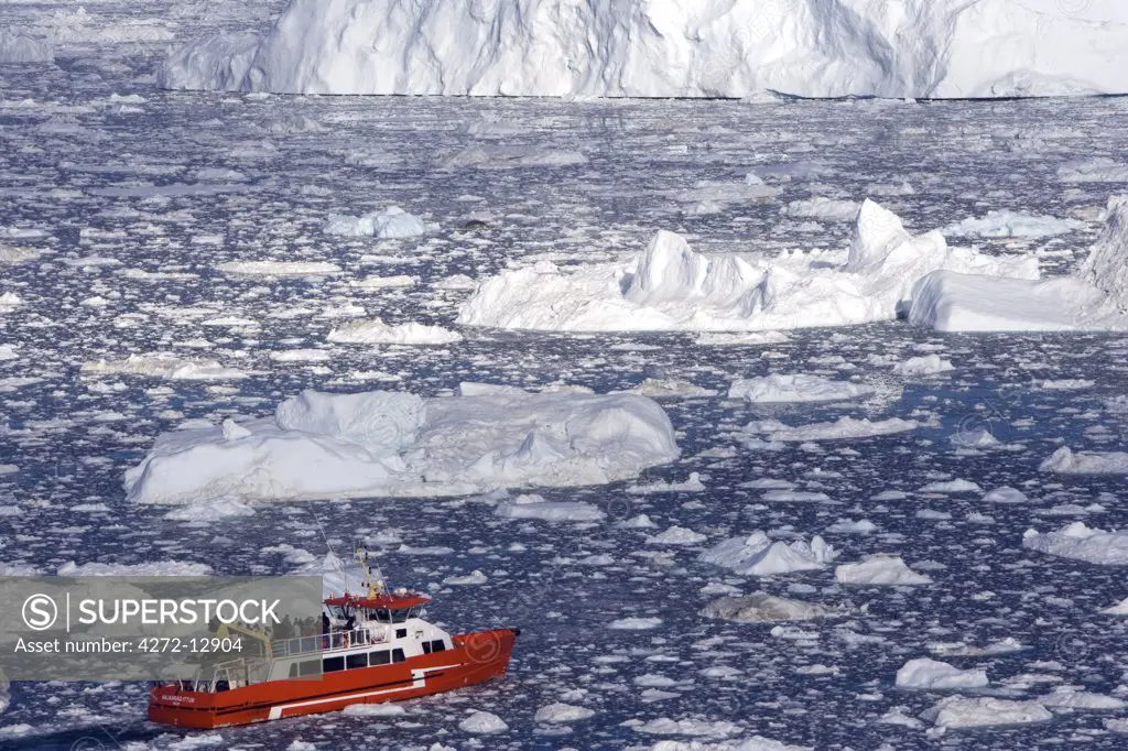 Greenland, Ilulissat, UNESCO World Heritage Site Icefjord. A tourist boat navigates its way through the labyrinth of icebergs in the bay in front of Ilulissat.
