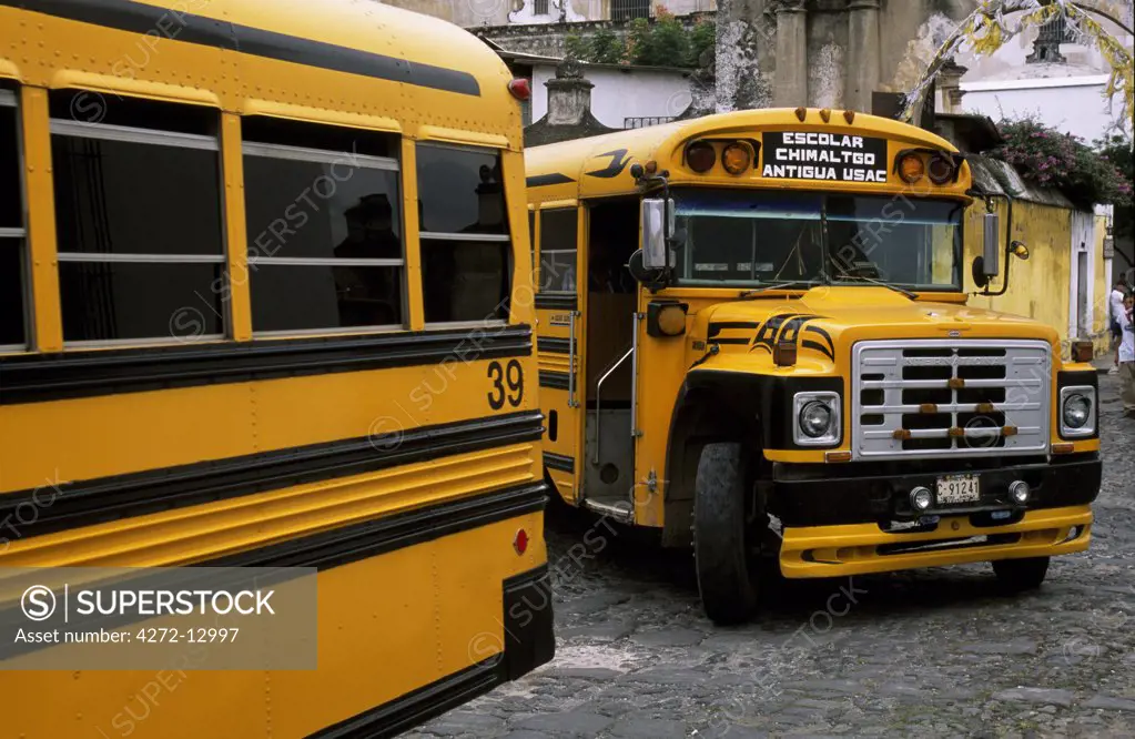 Old American school buses, now converted for general public use are a common sight in Antigua and much of Guatemala.