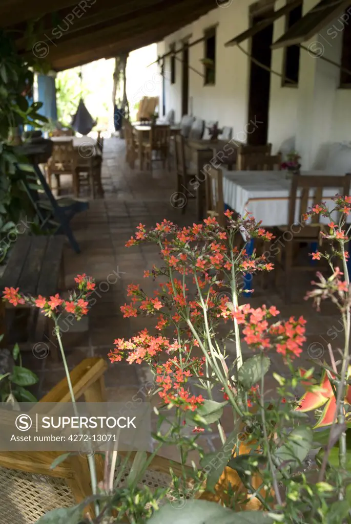 Honduras, Copan, Hacienda San Lucas. Veranda of the Hacienda San Lucas, a 100-year old property that was converted into an eco-lodge in 2000. It is situated on 300 acres of pristine tropical forest and overlooks the renowned Maya Ruins of Copan, a UNESCO World Heritage Site.