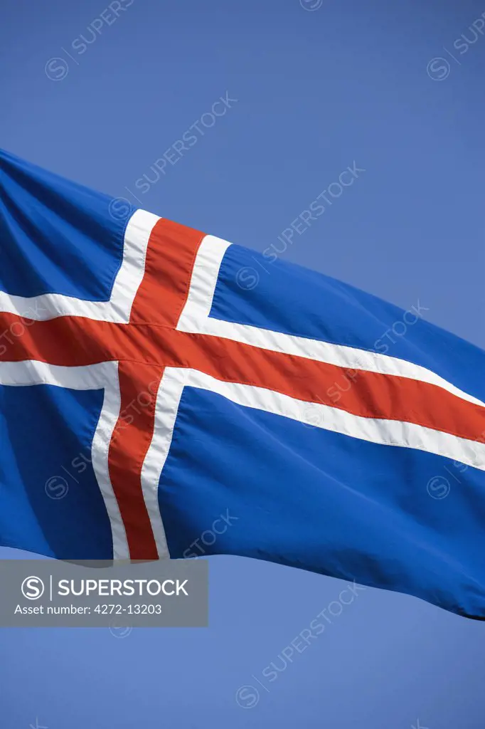Iceland, the countries distinctive flag show its colours in a stiff Reykjavik wind.