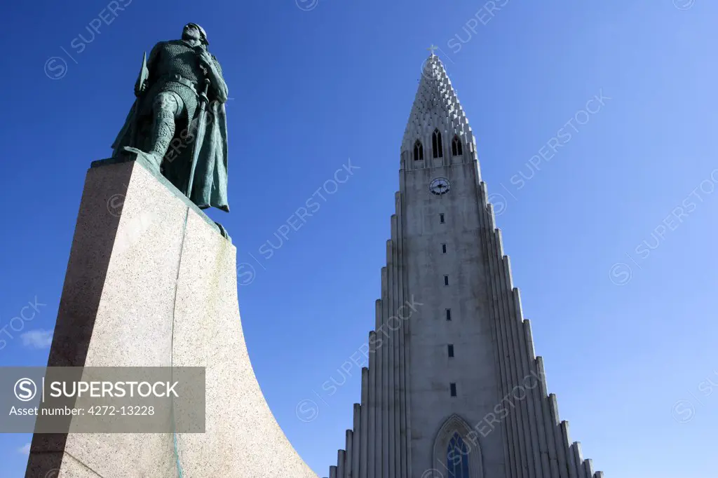 Iceland, Reykjavik. Hallgrimskirkja built to resemble a mountain of basaltic lava, the national cathedral is graced on its front, city facing, by a statue of the warrior Leifur Eriksson the discoverer of Vinland - modern day America.