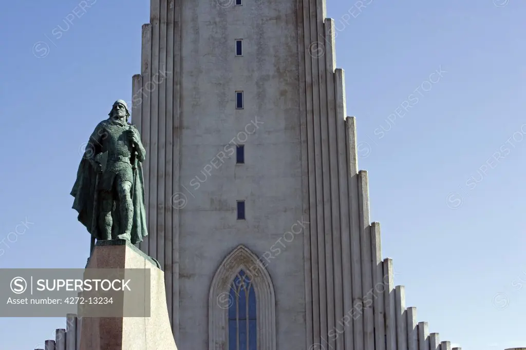 Iceland, Reykjavik. Hallgrimskirkja built to resemble a mountain of basaltic lava, the national cathedral is graced on its front, city facing, by a statue of the warrior Leifur Eriksson the discoverer of Vinland - modern day America.
