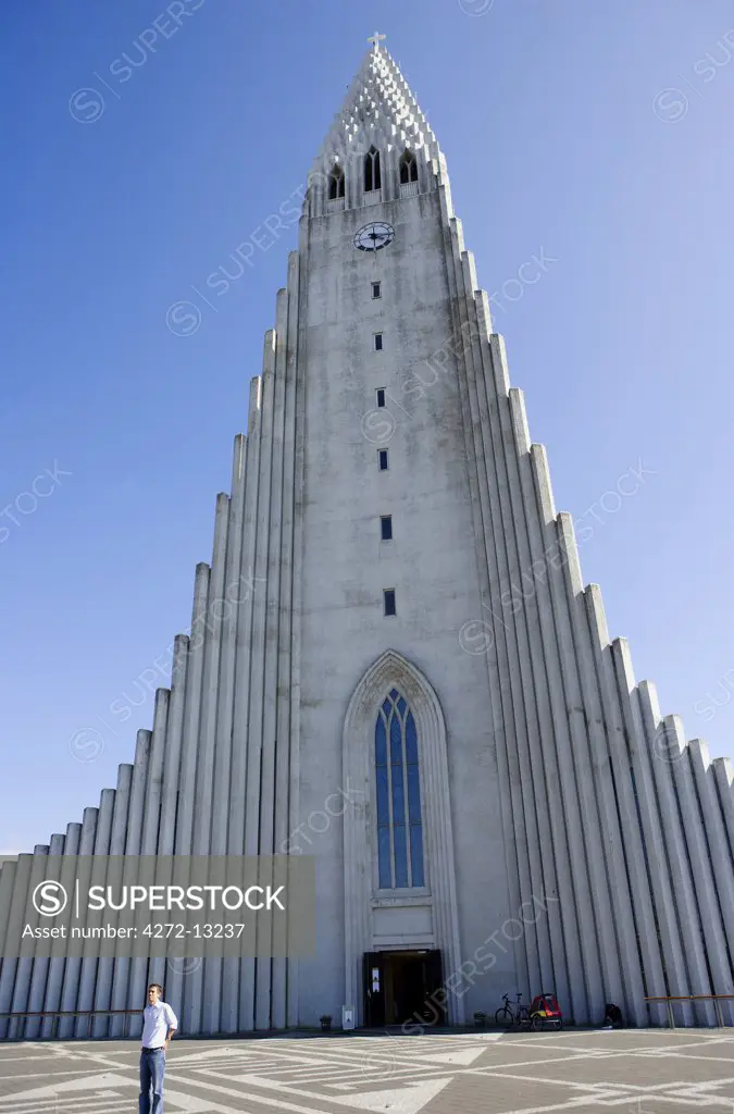 Iceland, Reykjavik. Hallgrimskirkja built in the 1940's to resemble a mountain of basaltic lava, the national cathedral dominates the top end of the capital at Skolavodustigur.