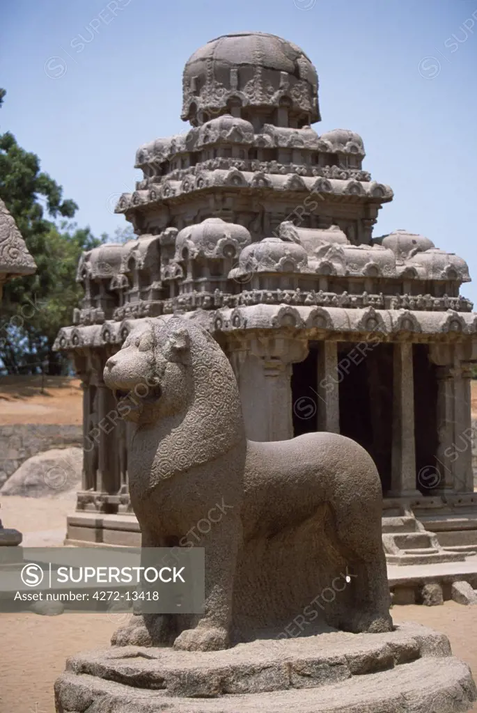 One of the Pancha Pandava Rathas or five chariots of the Pandavas, free standing sculptures of temples and animals carved from indvidual boulders c. 630-70AD