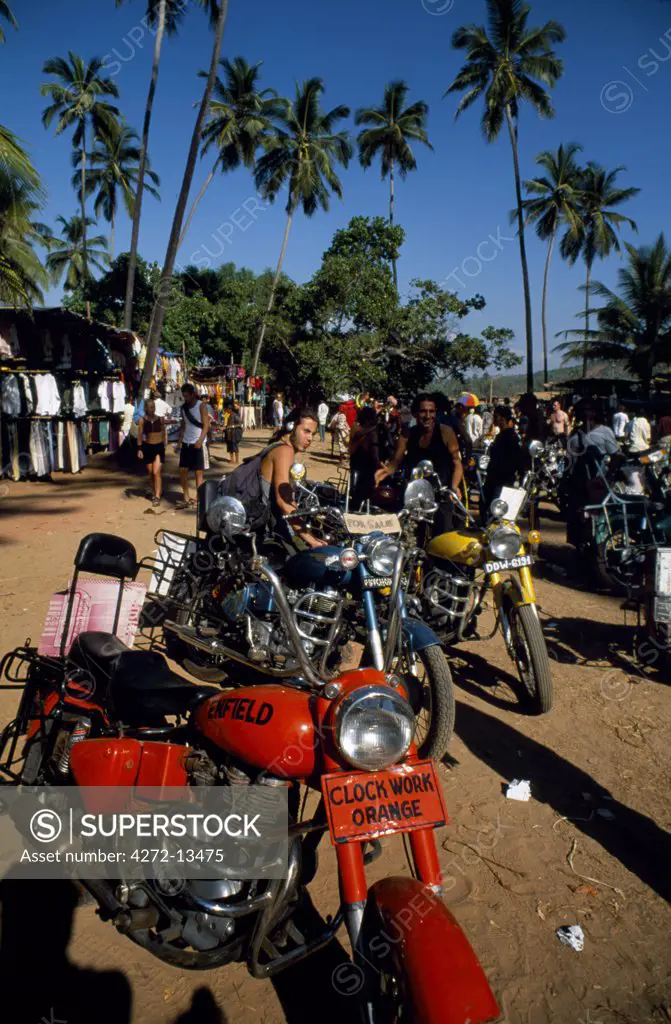 The weekly Anjuna market is one of Goa's most popular for young travellers who are touring India, where  they buy second hand Enfield motorbikes