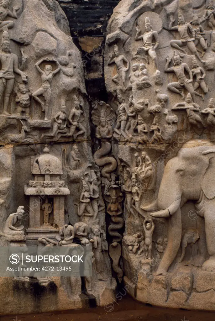 This bas-relief, called Arjuna's Penance (and sometimes also as the Decent of the Ganges) is among Mamallapuram's most celebrated sculptures, with allusions to numerous Hindu myths and legends