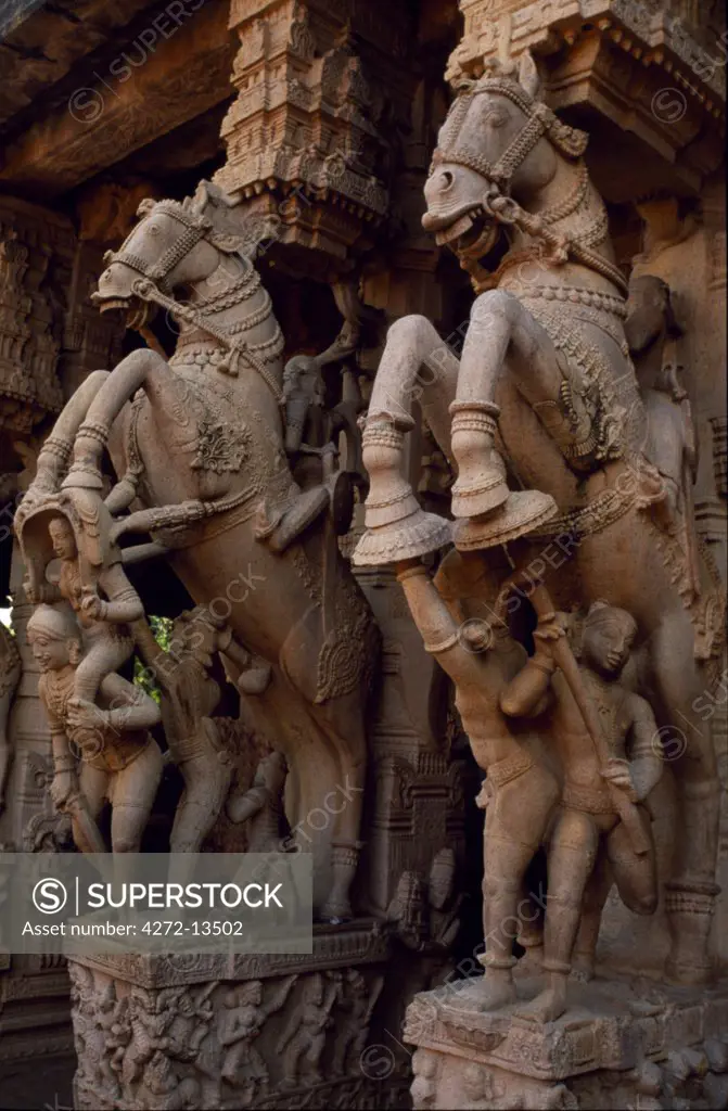 Elaborate sculpture decorate sections of the Shri Meenakshi-Sundareshwarar temple,