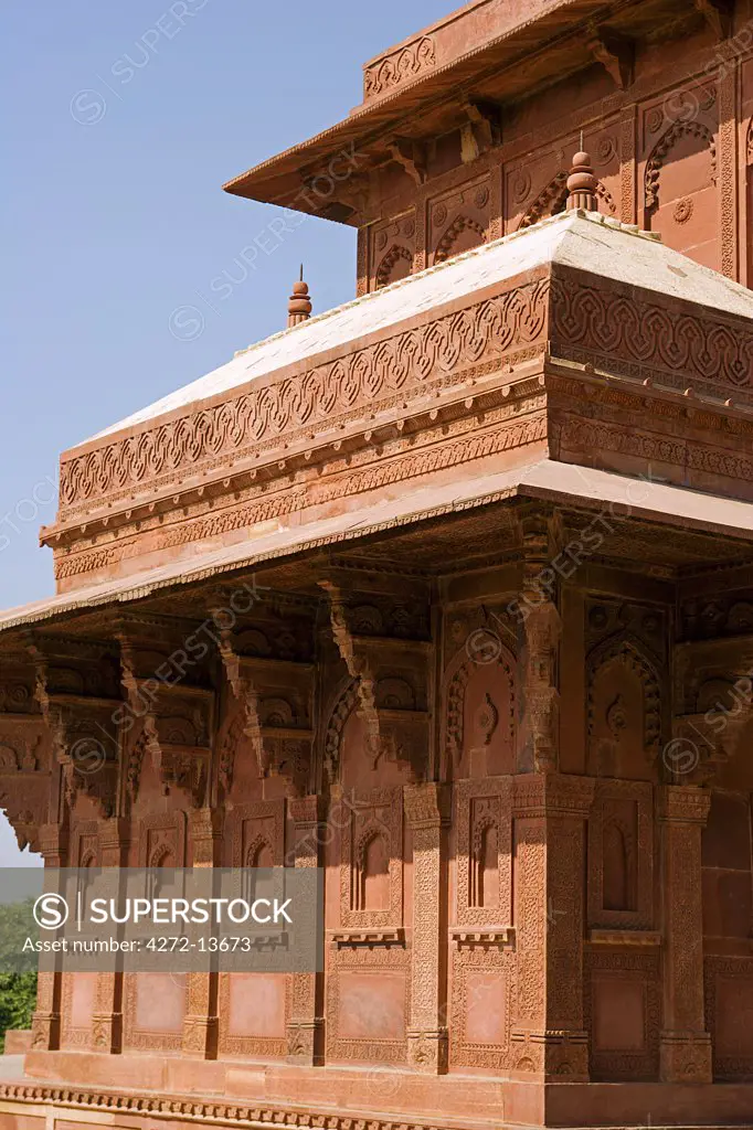 Birbal's House occupies the third residential court of the women's area. It may have been the dwelling of two of Akbar's senior wives. Fatehpur Sikri, Uttar Pradesh, Agra District. India.