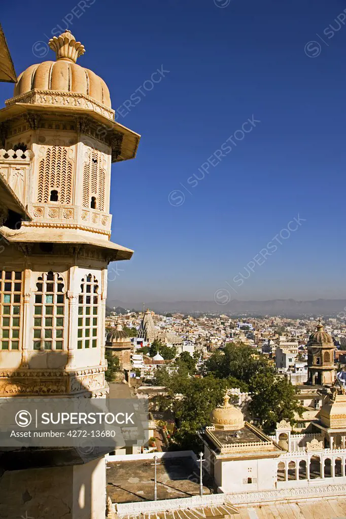 Facade of  the City Palace in the early morning over looking Udaipur City Palace, Udaipur, Rajasthan. India.