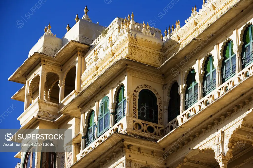 Facade of  the City Palace in the early morning City Palace, Udaipur, Rajasthan. India.