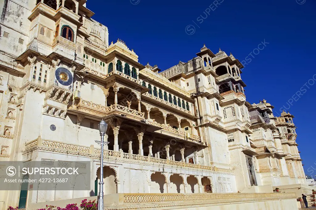Facade of  the City Palace in the early morning City Palace, Udaipur, Rajasthan. India.