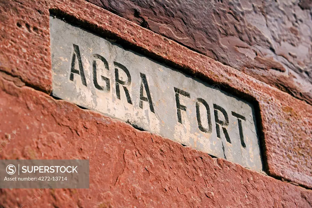 Entrance sign to Agra Red Fort, Uttar Pradesh, Agra District. India.