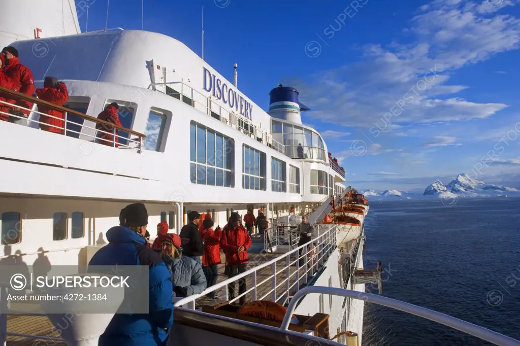 Argentina, Gerlache Strait. View of promenade deck of cruiseliner, the MV Discovery, cruising down the Gerlache Strait in Antarctica