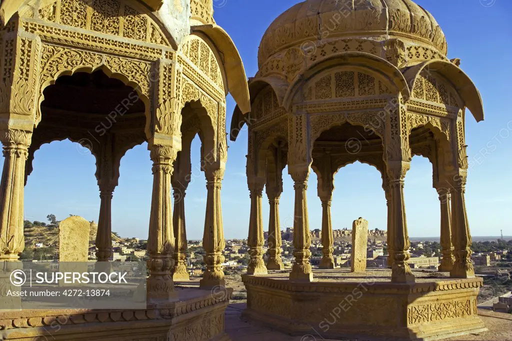 India, Rajasthan, Jaisalmer, Bada Bagh (literally Big Garden). Built by a descendant of Jaisal and maharaja of Jaisalamer, Jai Singh II, commissioned a dam to create a water tank during his reign in the 18th C. After his death, his son Lunkaran, built a beautiful garden next to the lake and a chhatri (Hindi for cenotaph) for his father on a hill next to the lake.