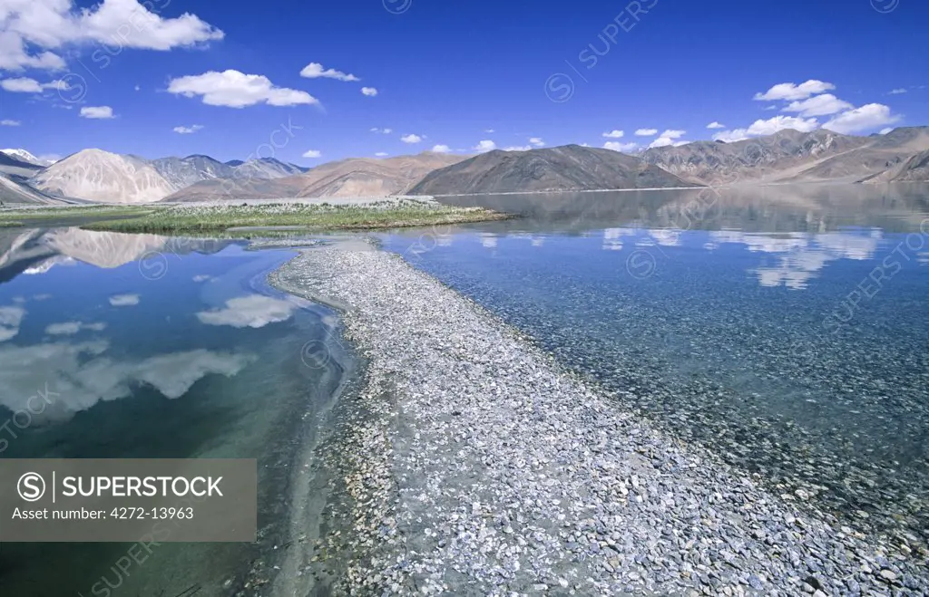 Pangong Lake, Ladakh, North West India. Pangong Lake is situated at an altitude of 14,500 ft / 4,267m (145 kms. from Leh) is a long narrow basin of inland drainage, about 6 to 7 kilometers and over 130 kms long.
