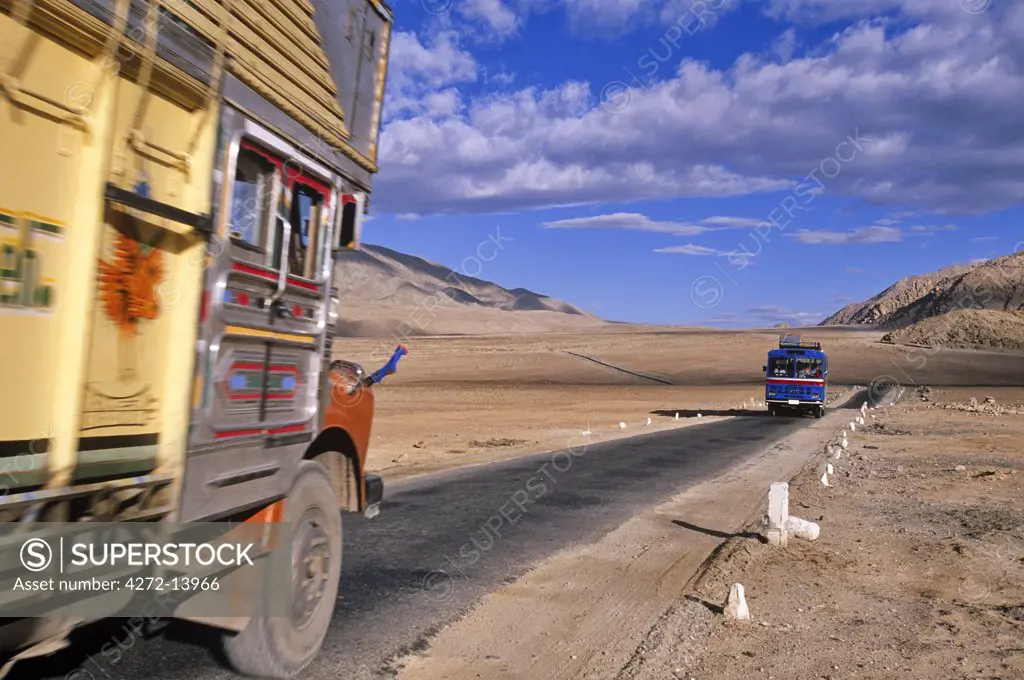Truck travelling on the Indis Valley Highway from Leh to Likir, Ladakh, North West India