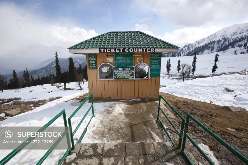 The ticket office at the gondola mid-station at Gulmarg, Kashmir, India