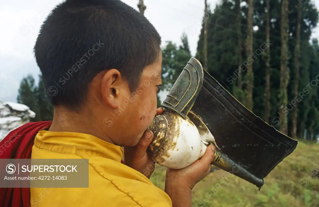 India, Sikkim, Pelling. A young novice monk blows a conch in the grounds of Pemayangtse Monastery.