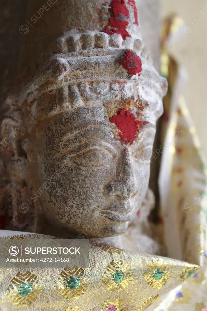 India, Tamil Nadu, Madurai. Deity at a shrine in the Minakshi Sundareshvara Temple.