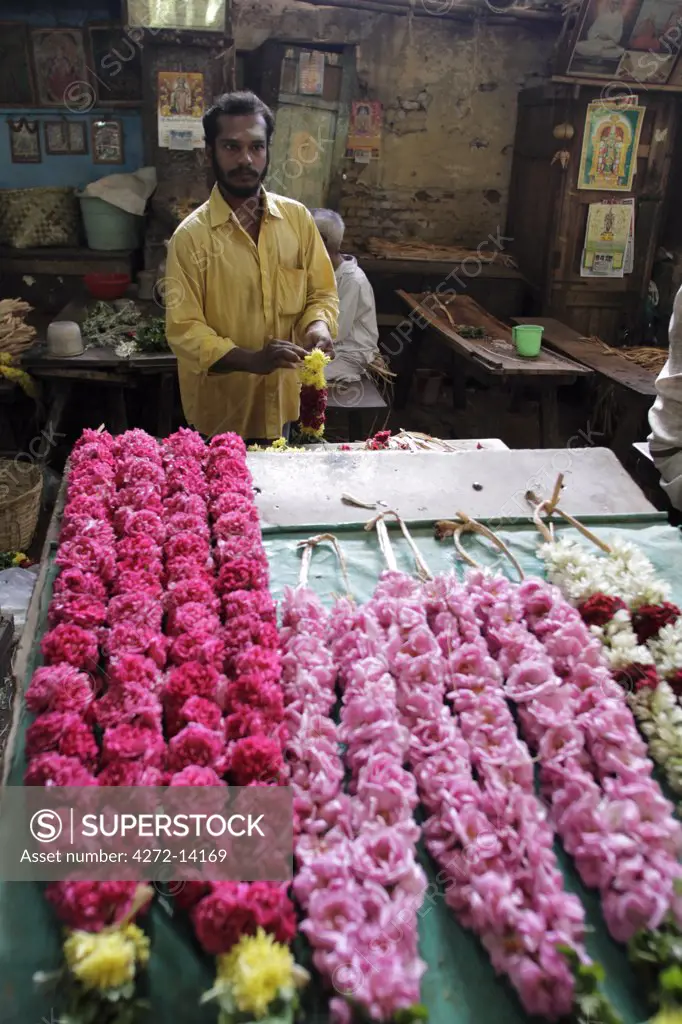 India, Tamil Nadu, Madurai. Flower garland maker at the Minakshi Sundareshvara Temple.