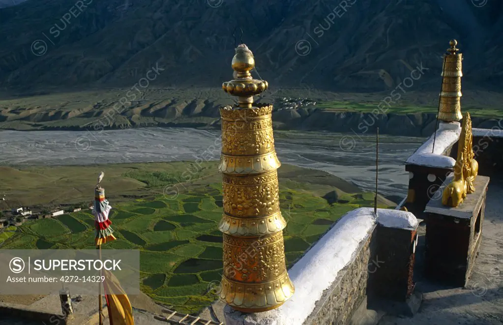 India, Himachal Pradesh, Spiti,  Ki Monastery. Founded in the 16th century and set high above the patchwork fields beside the Spiti River, Ki Gompa, or Monastery, is the largest in the remote region of Spiti.