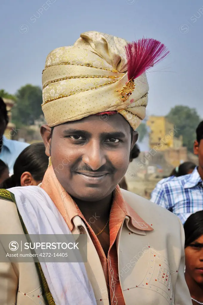 The bridegroom in a marriage on the banks of the Ganges river. Varanasi, India