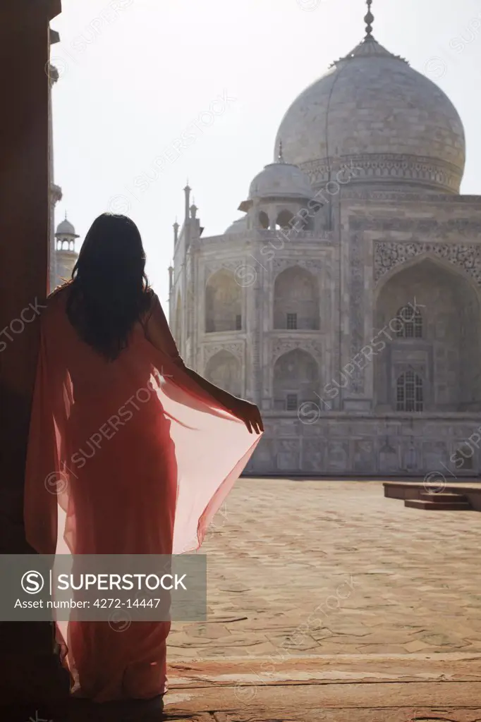 Woman in sari at Taj Mahal, Agra, Uttar Pradesh, India (MR)